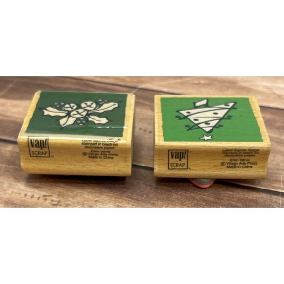 VAP SCRAP WOOD MOUNTED RUBBER STAMP SET CHRISTMAS TREE HOLLY BERRY - Picture 3 of 4